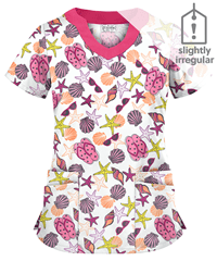 Butter-Soft Walk on the Beach Women's 2-Pocket Scallop Neck Print Scrub Top **Slightly IRREGULAR**