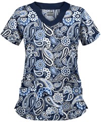 Butter-Soft Passion For Paisley Navy Women's 4-Pocket Scallop Neck Print Scrub Top