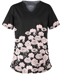Butter-Soft Mer De Fleurs Black Printed Women's 2-Pocket Scallop Neck Scrub Top