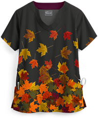 Butter-Soft Cascading Leaves Black Printed Women's 2-Pocket  Scallop Neck Scrub Top