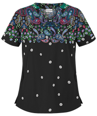 UA Best Buy Scrubs Dreamy Paisley Black Printed Women's 2-Pocket Scallop Neck Top