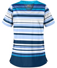 Butter-Soft Lovely Stripes Cloud Blue Women's 4-Pocket Scallop Neck Print Scrub Top