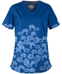 Butter-Soft Mer De Fleurs Royal Women's 2-Pocket Scallop Neck Print Scrub Top