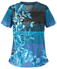 Butter-Soft Island Stroll Riviera Blue Women's 2-Pocket Scallop Neck Print Scrub Top