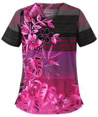 Butter-Soft Island Stroll Raspberry Rose Women's 2-Pocket Scallop Neck Print Scrub Top