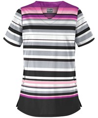 Butter-Soft Lovely Stripes Silver Women's 2-Pocket Scallop Neck Print Scrub Top