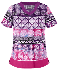 Butter-Soft Boho Pattern Black Printed Women's 2-Pocket Scallop Neck Scrub Top