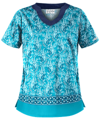 UA Best Buy Scrubs Floating Paisley Turquoise Women's 2-Pocket Scallop Neck Print Top
