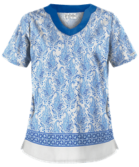 UA Best Buy Scrubs Floating Paisley White Printed Women's 2-Pocket Scallop Neck Top