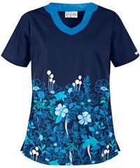 Butter-Soft Floral Field Navy Women's 2-Pocket Scallop Neck Print Scrub Top