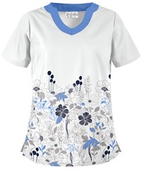 Butter-Soft Floral Field White Printed Women's 2-Pocket Scallop Neck Scrub Top