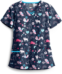 Butter-Soft Cheerful Kittens Navy Women's 3-Pocket Criss Cross Print Scrub Top