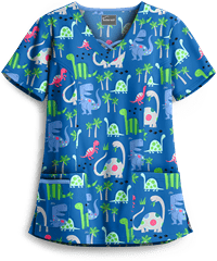 Butter-Soft Dino Friends Royal Women's 3-Pocket Criss Cross Print Scrub Top