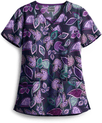 Butter-Soft Filigree Leaves Navy Women's 3-Pocket Criss Cross Print Scrub Top