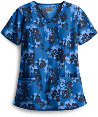 Butter-Soft Floral Homage Royal Women's 3-Pocket Criss Cross Print Scrub Top