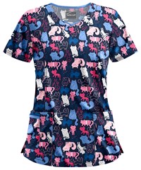 Butter-Soft Whimsical Kittens Navy Women's 3-Pocket Criss Cross Print Scrub Top