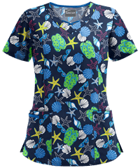 Butter-Soft Walk on the Beach Gecko Women's 3-Pocket Criss Cross Print Scrub Top