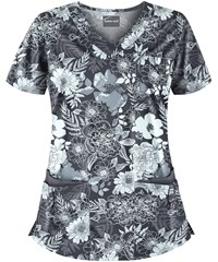 Butter-Soft Arles Floral Pewter Women's 5-Pocket Rounded V-Neck Print Scrub Top
