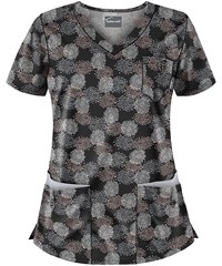 Butter-Soft Burst of Geo Black Printed Women's 5-Pocket Rounded V-Neck Scrub Top
