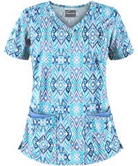 Butter-Soft Cantik Ikat Cloud Blue Women's 5-Pocket Rounded V-Neck Print Scrub Top