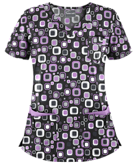Butter-Soft Funky Geometric Black Printed Women's 5-Pocket Rounded V-Neck Scrub Top