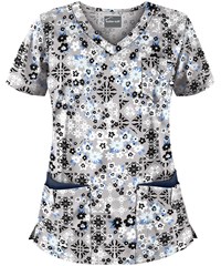 Butter-Soft Mosaic Floral Silver Women's 5-Pocket Rounded V-Neck Print Scrub Top