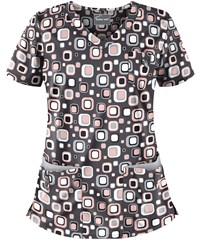 Butter-Soft Funky Geometric Lotus Women's 5-Pocket Rounded V-Neck Print Scrub Top