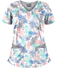 Butter-Soft Feather Breeze White Printed Women's 5-Pocket Rounded V-Neck Scrub Top
