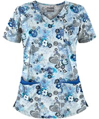 Butter-Soft Garden of Love Cloud Blue Women's 5-Pocket Rounded V-Neck Print Scrub Top