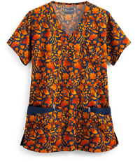 Butter-Soft Harvest Leaves Navy Women's 5-Pocket Rounded V-Neck Print Scrub Top
