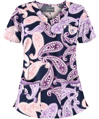 Butter-Soft Milos Paisley Navy Women's 5-Pocket Rounded V-Neck Print Scrub Top