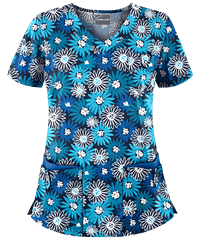 Butter-Soft Pop of Daisies Navy Women's 5-Pocket Rounded V-Neck Print Scrub Top