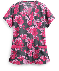 Butter-Soft Floral Homage Pewter Women's 5-Pocket Rounded V-Neck Print Scrub Top