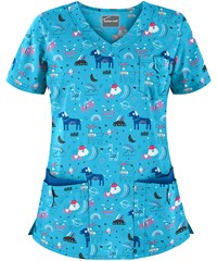 Butter-Soft Puppicorn Play Turquoise Women's 5-Pocket Rounded V-Neck Print Scrub Top
