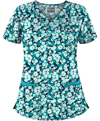 Butter-Soft Provence Floral Navy Women's 5-Pocket Rounded V-Neck Print Scrub Top