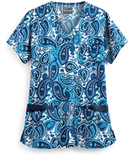 Butter-Soft Paisley Wonder Aqua Moon Women's 5-Pocket Rounded V-Neck Print Scrub Top