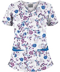Butter-Soft Romanov Floral White Printed Women's 5-Pocket Rounded V-Neck Scrub Top