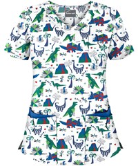 Butter-Soft Dino Mite Silver Women's 5-Pocket Rounded V-Neck Print Scrub Top