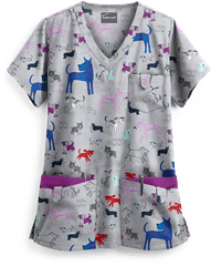 Butter-Soft Watercolor Pups Silver Women's 5-Pocket Rounded V-Neck Print Scrub Top