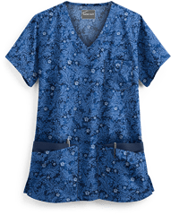 Butter-Soft Tonal Damask Royal Women's 5-Pocket Rounded V-Neck Print Scrub Top