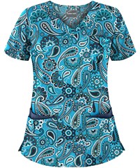 Butter-Soft Passion for Paisley Turquoise Women's 5-Pocket Rounded V-Neck Print Scrub Top