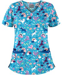 Butter-Soft Unicorn Adventure Turquoise Women's 5-Pocket Rounded V-Neck Print Scrub Top