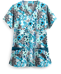 Butter-Soft Blooming Flowers Women's 5-Pocket Rounded V-Neck Print Scrub Top
