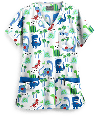 Butter-Soft Dino Friends White Printed Women's 5-Pocket Rounded V-Neck Scrub Top