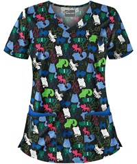 Butter-Soft Whimsical Kittens Black Printed Women's 5-Pocket Rounded V-Neck Scrub Top
