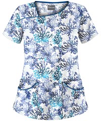 UA Coral Reef White Printed Women's 4-Pocket Asymmetrical Neck Scrub Top