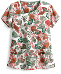 Butter-Soft Filigree Leaves Juniper Breeze Women's 4-Pocket Asymmetrical Print Scrub Top
