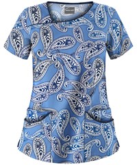 Butter-Soft Milos Paisley Ceil Women's 4-Pocket Asymmetrical Neck Print Scrub Top