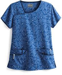 Butter-Soft Tonal Damask Royal Women's 4-Pocket Asymmetrical Print Scrub Top