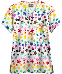 UA Butter-Soft Happy Stars White Printed Unisex 1-Pocket V-Neck Scrub Top